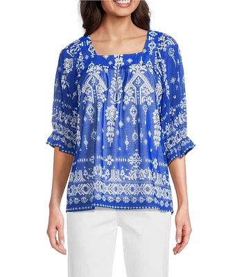 Calessa Border Mesh Knit Printed Square Neck Elbow Sleeve Tunic