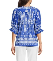 Calessa Border Mesh Knit Printed Square Neck Elbow Sleeve Tunic