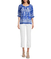 Calessa Border Mesh Knit Printed Square Neck Elbow Sleeve Tunic