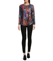 Calessa Brush Stroke Stretch Mesh Crew Neck Long Sleeve Tunic