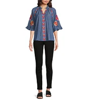 Calessa Burnout Embroidery Detail Split Round Neck 3/4 Sleeve Stretch Knit Top