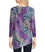 Calessa Burnout Knit Tie-Dye Crew Neck 3/4 Sleeve Asymmetrical Hem Tunic
