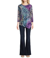 Calessa Burnout Knit Tie-Dye Crew Neck 3/4 Sleeve Asymmetrical Hem Tunic