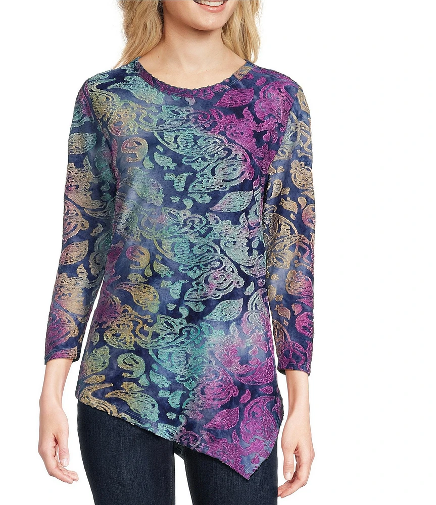 Calessa Burnout Knit Tie-Dye Crew Neck 3/4 Sleeve Asymmetrical Hem Tunic