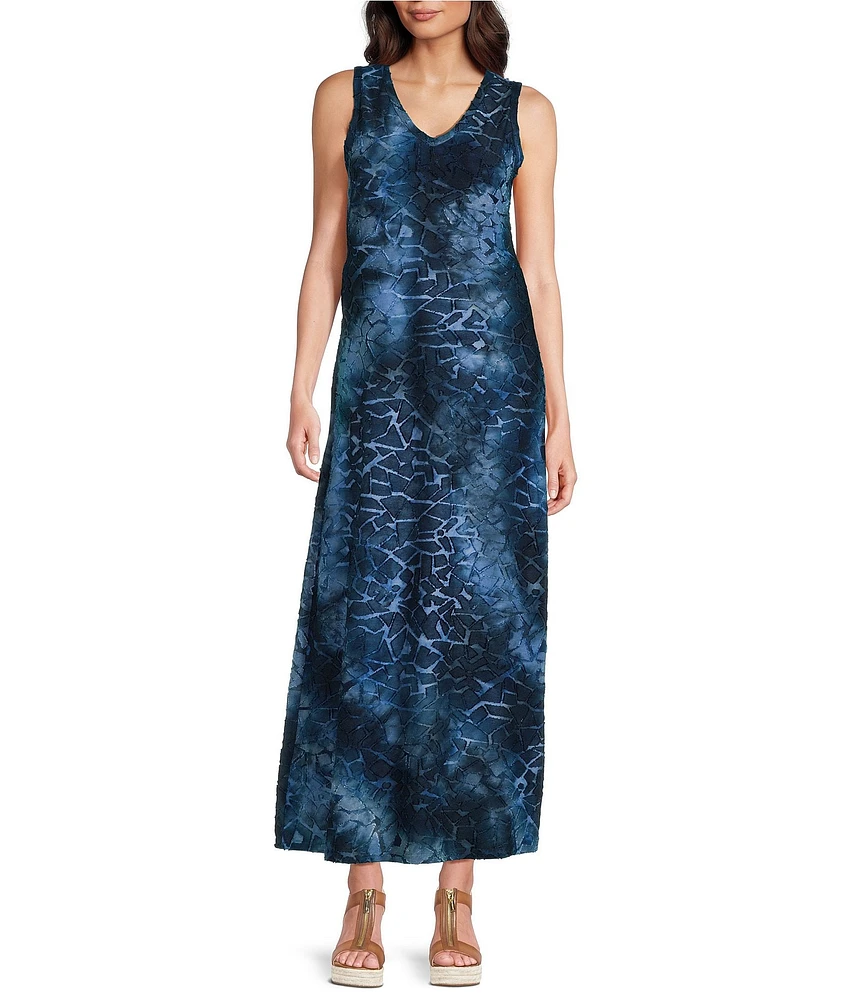 Calessa Burnout Knit Tie-Dye Print V-Neck Sleeveless Maxi Dress