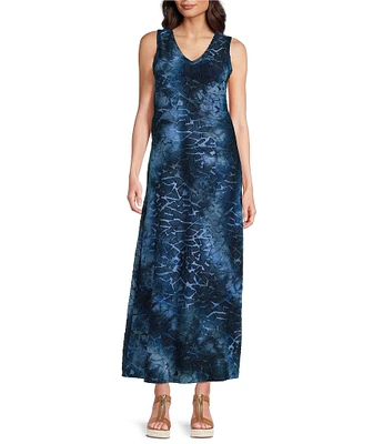 Calessa Burnout Knit Tie-Dye Print V-Neck Sleeveless Maxi Dress
