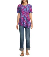 Calessa Burnout Knit Tie-Dye Round Neck Short Sleeve Asymmetric Hem Tunic