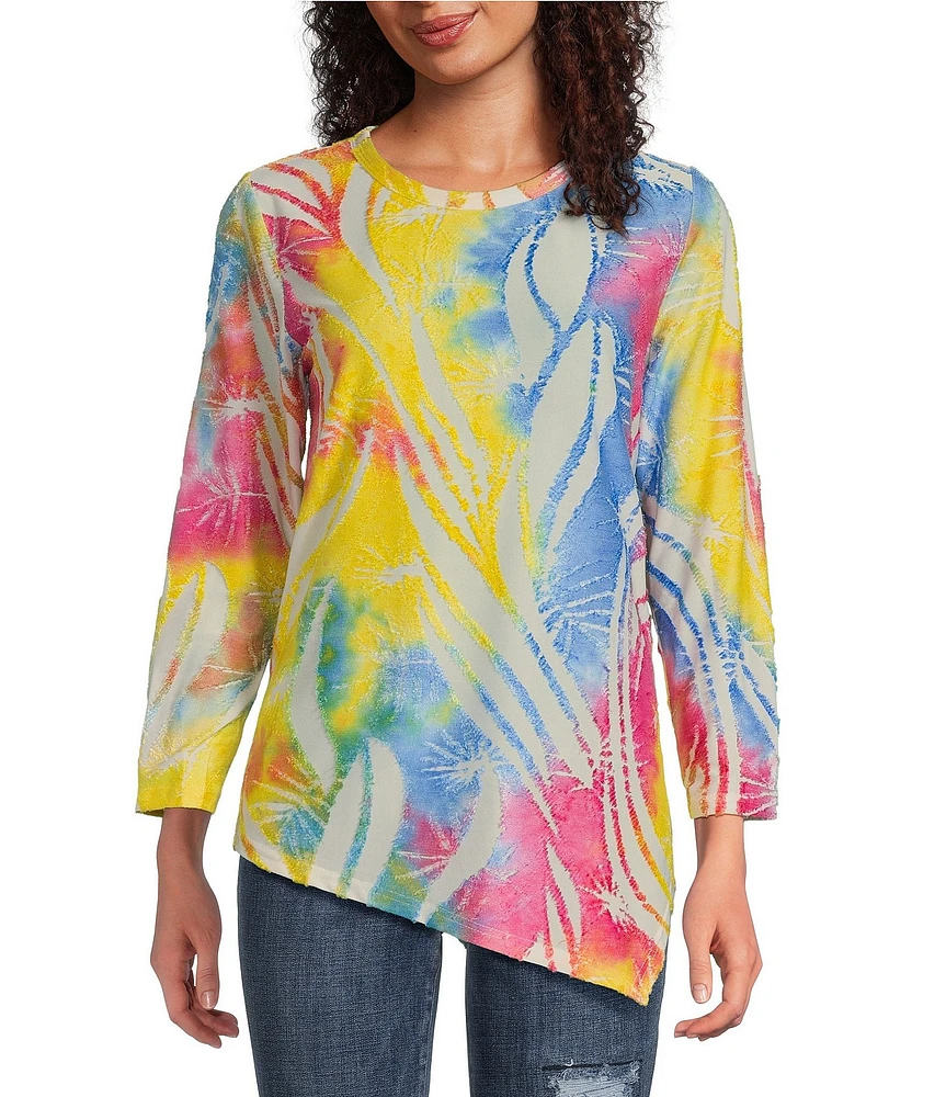 Calessa Burnout Tie Dye Crew Neck 3/4 Sleeve Asymmetric Hem Tunic