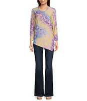 Calessa Burnout Tie-Dye Crew Neck 3/4 Sleeve Asymmetrical Hem Tunic