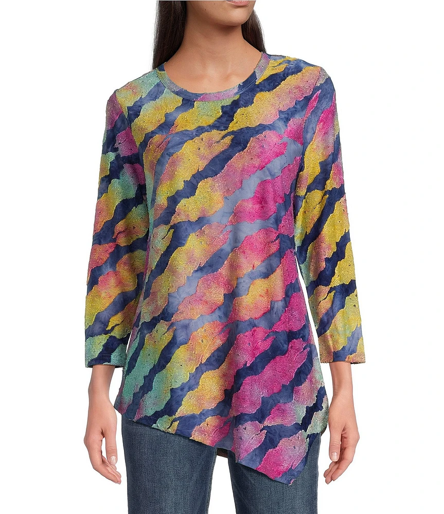 Calessa Burnout Tie Dye Asymmetrical Crew Neck 3/4 Sleeve Tunic