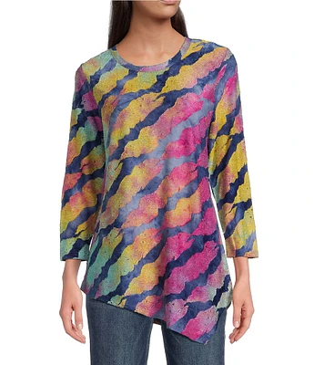 Calessa Burnout Tie Dye Asymmetrical Crew Neck 3/4 Sleeve Tunic