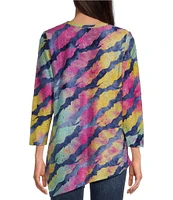 Calessa Burnout Tie Dye Asymmetrical Crew Neck 3/4 Sleeve Tunic