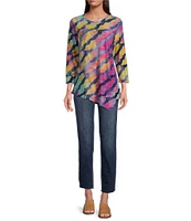 Calessa Burnout Tie Dye Asymmetrical Crew Neck 3/4 Sleeve Tunic