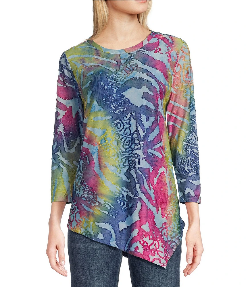 Calessa Burnout Tie Dye Crew Neck 3/4 Sleeve Tunic