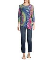 Calessa Burnout Tie Dye Crew Neck 3/4 Sleeve Tunic