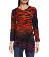 Calessa Burnout Tie Dye Print Crew Neck Long Sleeve Asymmetric Top