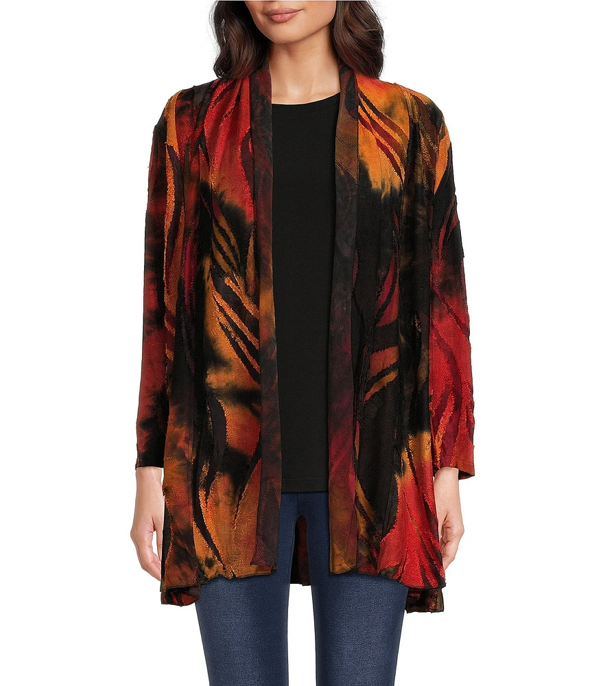 Calessa Burnout Tie-Dye Print Shawl Neck Open Front Knit Cardigan