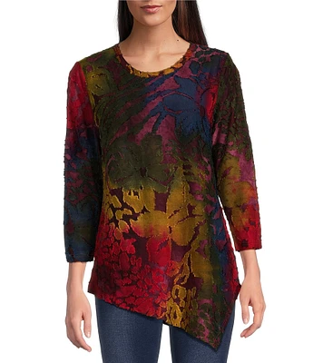 Calessa Burnout Tie Dye Round Neck 3/4 Sleeve Asymmetric Top