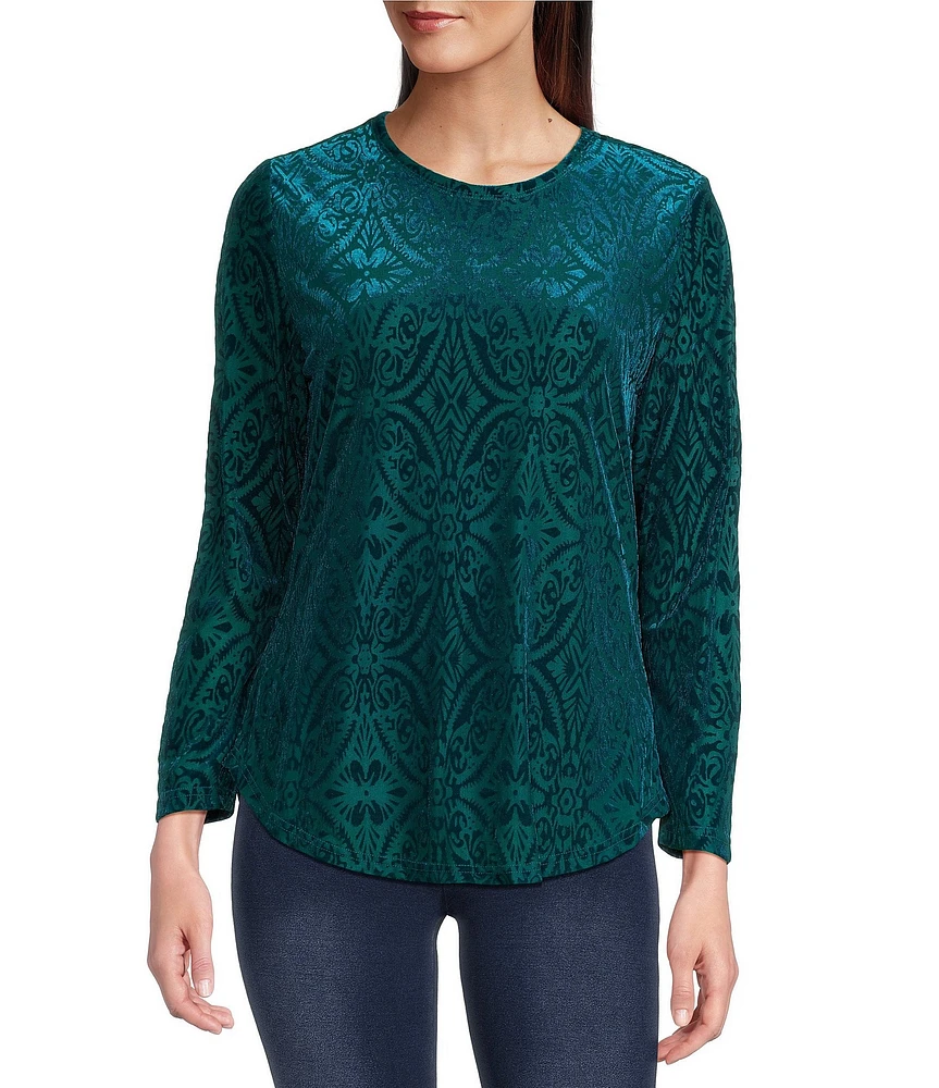 Calessa Burnout Velvet Print Crew Neck Long Sleeve Tunic