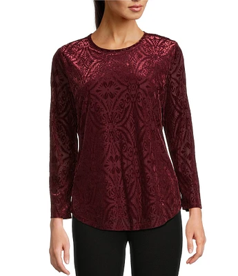 Calessa Burnout Velvet Printed Crew Neck Long Sleeve Tunic