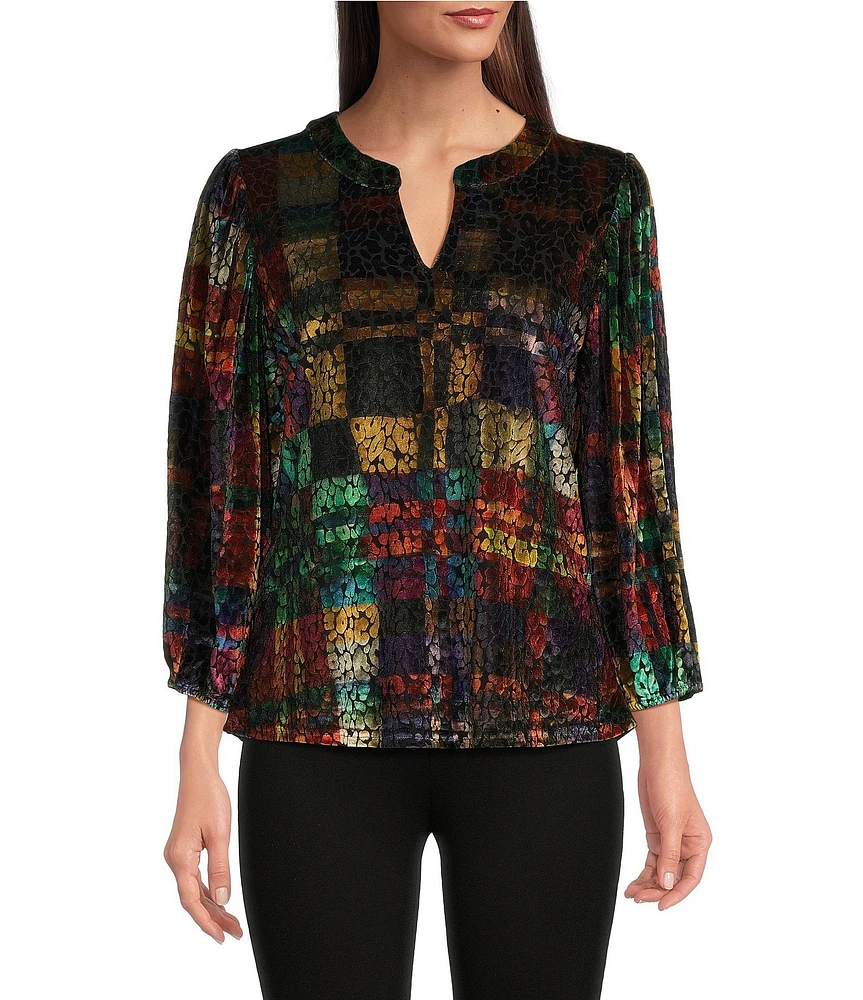 Calessa Burnout Velvet Split V-Neck Long Sleeve Tunic