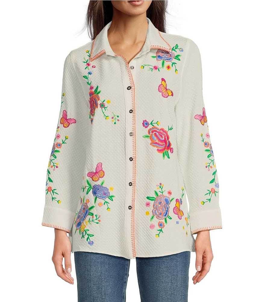 Calessa Crinkle Woven Embroidered Point Collar Long Sleeve Button-Front Shirt