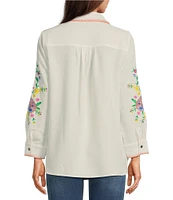 Calessa Crinkle Woven Embroidered Point Collar Long Sleeve Button-Front Shirt