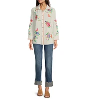 Calessa Crinkle Woven Embroidered Point Collar Long Sleeve Button-Front Shirt