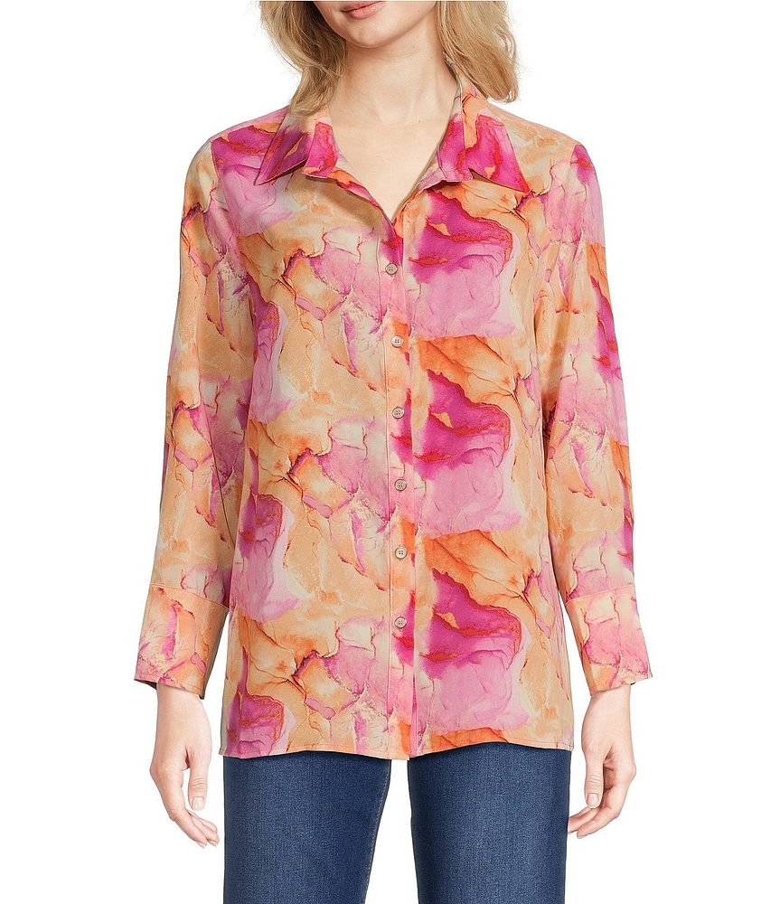 Calessa Desert Floral Print Point Collar Long Sleeve Button Front Shirt