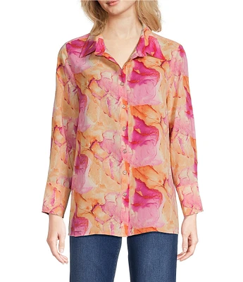 Calessa Desert Floral Print Point Collar Long Sleeve Button Front Shirt