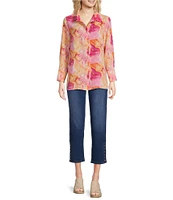 Calessa Desert Floral Print Point Collar Long Sleeve Button Front Shirt