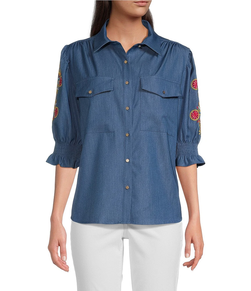 Calessa Embroidered 3/4 Sleeve Point Collar Button Front Shirt