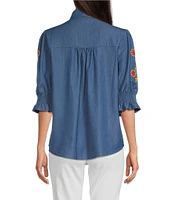 Calessa Embroidered 3/4 Sleeve Point Collar Button Front Shirt