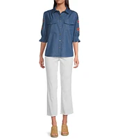 Calessa Embroidered 3/4 Sleeve Point Collar Button Front Shirt