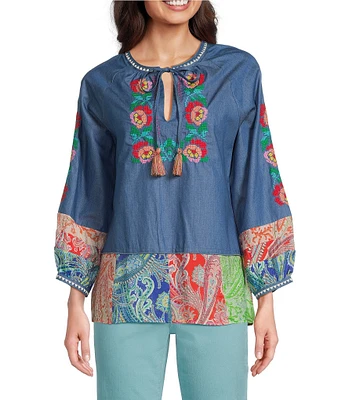 Calessa Embroidered Border Patchwork Tassel Tie Keyhole Neck Wrist Length Sleeve Tunic