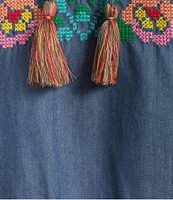 Calessa Embroidered Border Patchwork Tassel Tie Keyhole Neck Wrist Length Sleeve Tunic