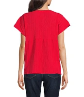 Calessa Embroidered Crinkle Split V-Neck Short Sleeve Top