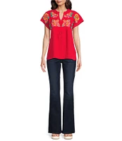 Calessa Embroidered Crinkle Split V-Neck Short Sleeve Top