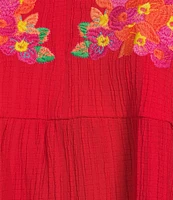 Calessa Embroidered Crinkle Split V-Neck Short Sleeve Top