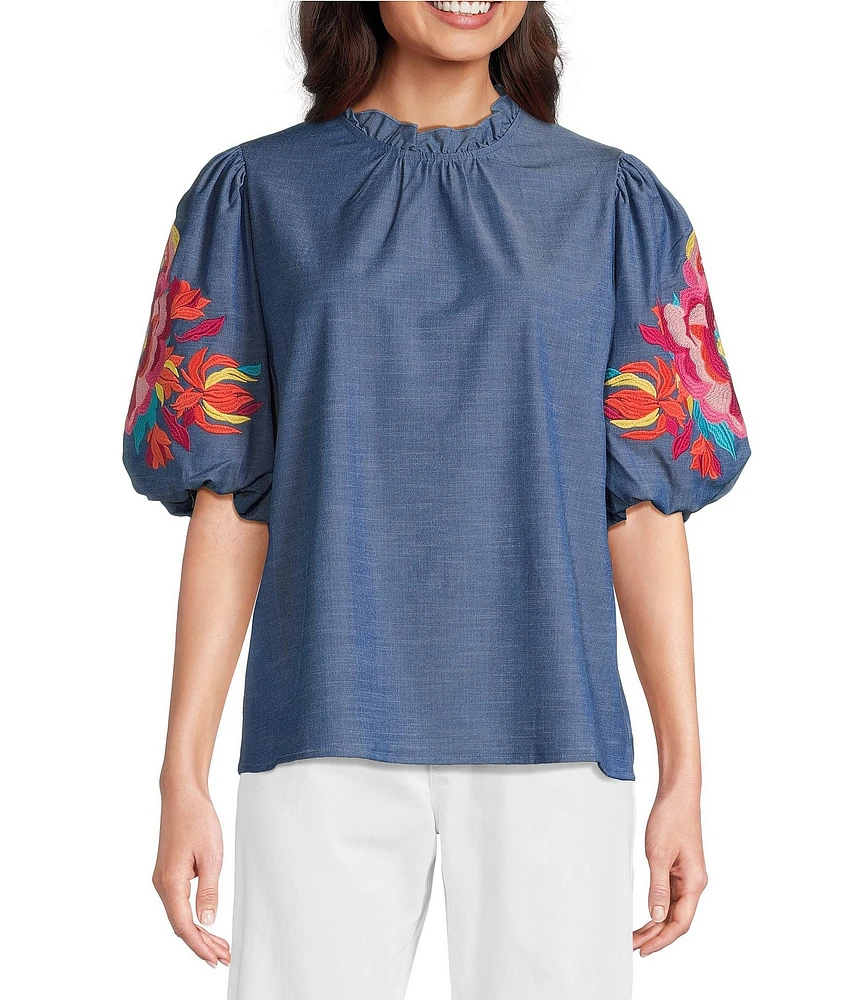 Calessa Embroidered Elbow Sleeve Ruffle Mock Neck Tunic
