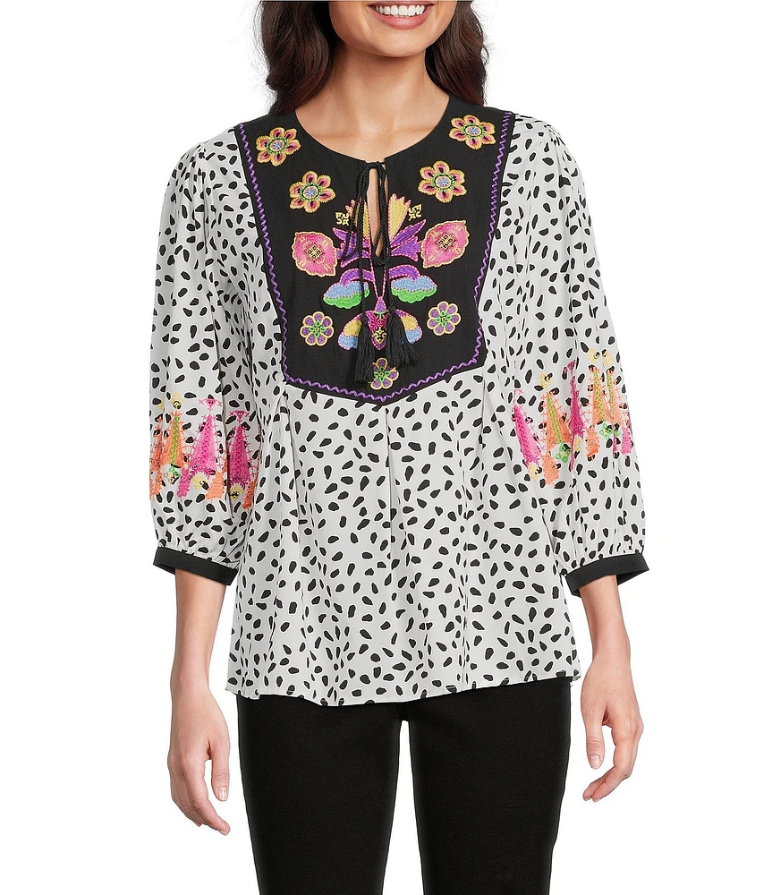 Calessa Embroidered Floral Round Split Neck 3/4 Sleeve Tassel Tie Tunic