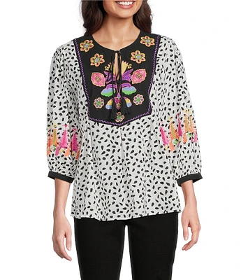 Calessa Embroidered Floral Round Split Neck 3/4 Sleeve Tassel Tie Tunic