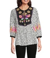 Calessa Embroidered Floral Round Split Neck 3/4 Sleeve Tassel Tie Tunic