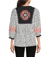 Calessa Embroidered Floral Round Split Neck 3/4 Sleeve Tassel Tie Tunic