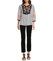 Calessa Embroidered Floral Round Split Neck 3/4 Sleeve Tassel Tie Tunic