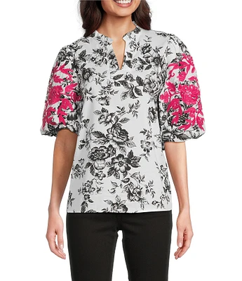 Calessa Embroidered Forest Floral Split V-Neck Short Balloon Sleeve Tunic