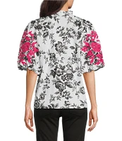 Calessa Embroidered Forest Floral Split V-Neck Short Balloon Sleeve Tunic