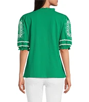 Calessa Embroidered Knit Split V-Neck Short Puff Sleeve Tunic