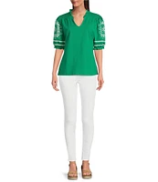 Calessa Embroidered Knit Split V-Neck Short Puff Sleeve Tunic