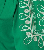 Calessa Embroidered Knit Split V-Neck Short Puff Sleeve Tunic